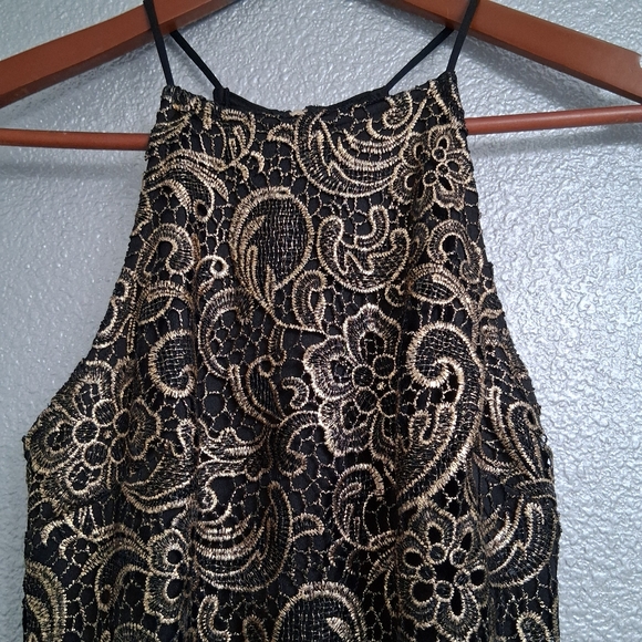 Elegant Black & Gold Brocade Halter Dress - Picture 2 of 8